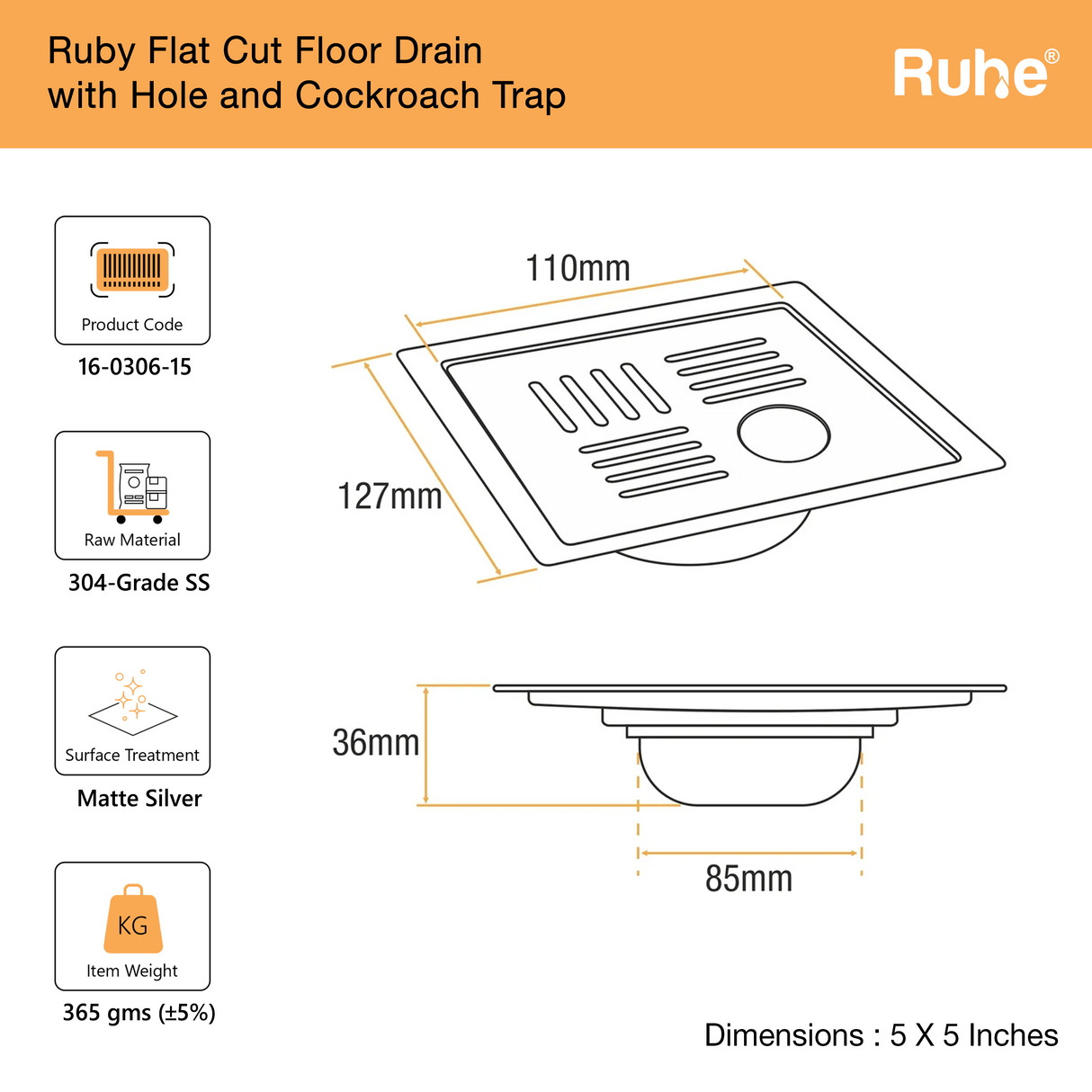 Ruby Square Flat Cut Floor Drain