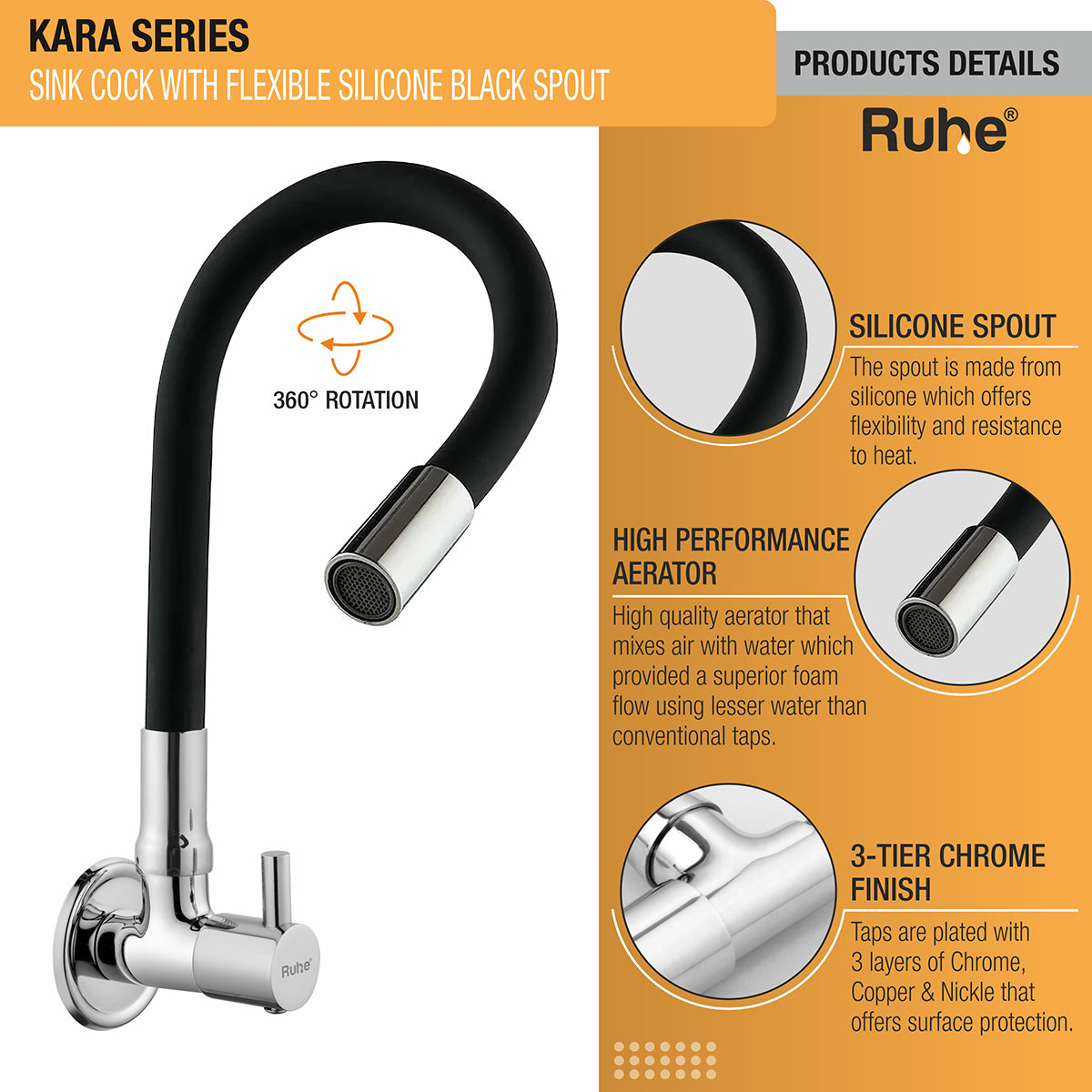 Kara Brass Sink Tap with Flexible Silicone Black Spout product details with silicone spout, high performance aerator, and 3 layer chrome plated