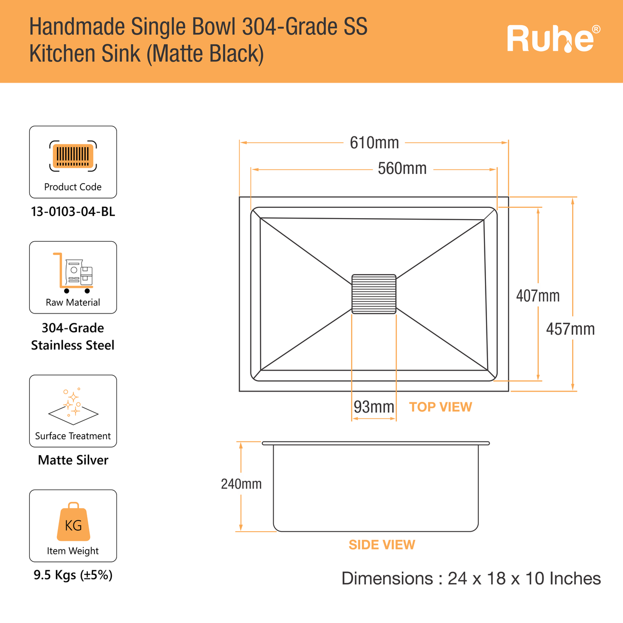 Handmade Single Bowl Kitchen Sink (24 x 18 x 10 Inches)