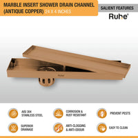 Marble Insert Shower Drain Channel (24 x 4 Inches) Antique Copper PVD Coated - by Ruhe