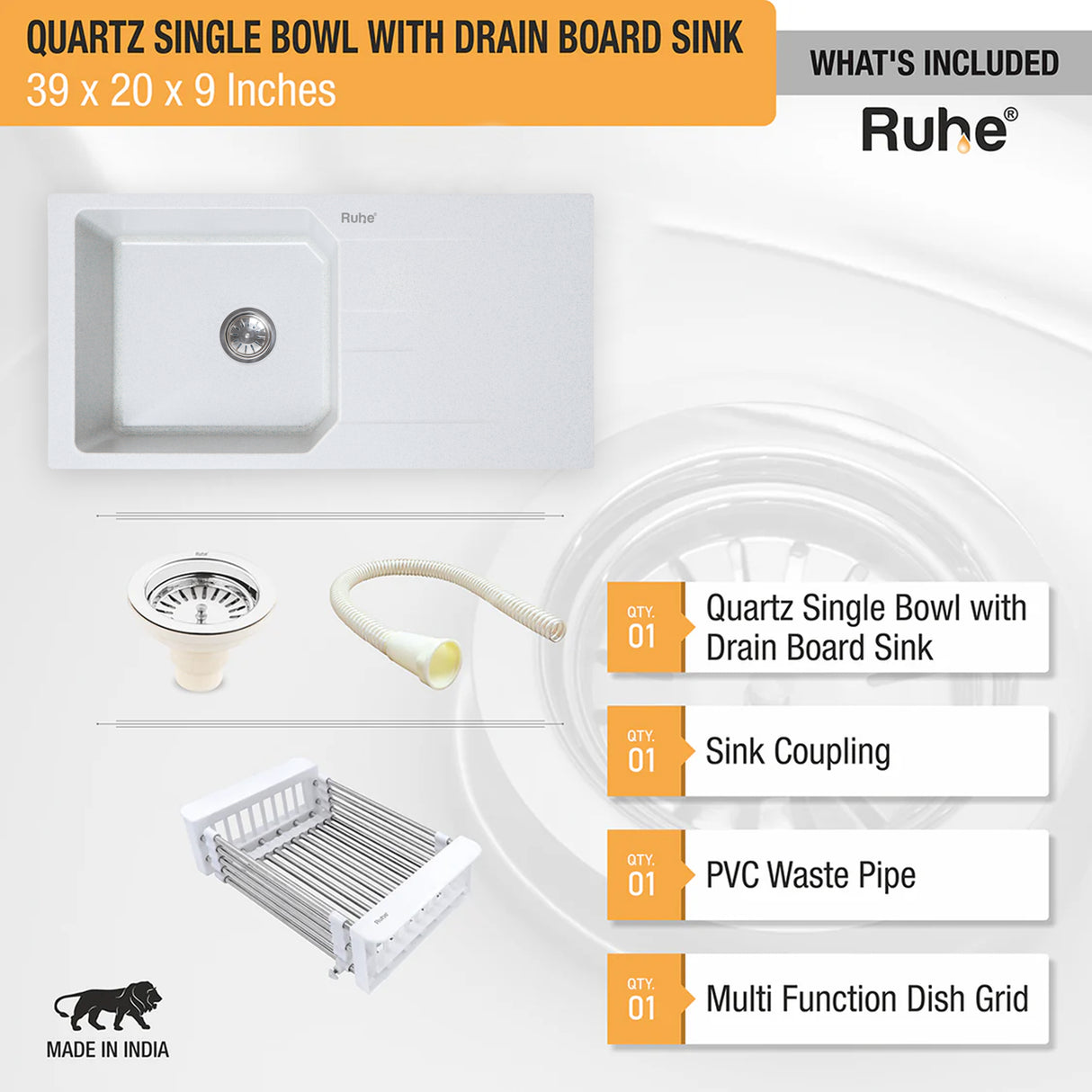 Quartz Single Bowl with Drainboard Kitchen Sink - Sand Pluto (39 x 20 x 9 inches) - by Ruhe®