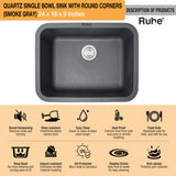 Quartz Single Bowl Kitchen Sink with Rounded Corners - Smoke Grey (24 x 18 x 9)  - by Ruhe®