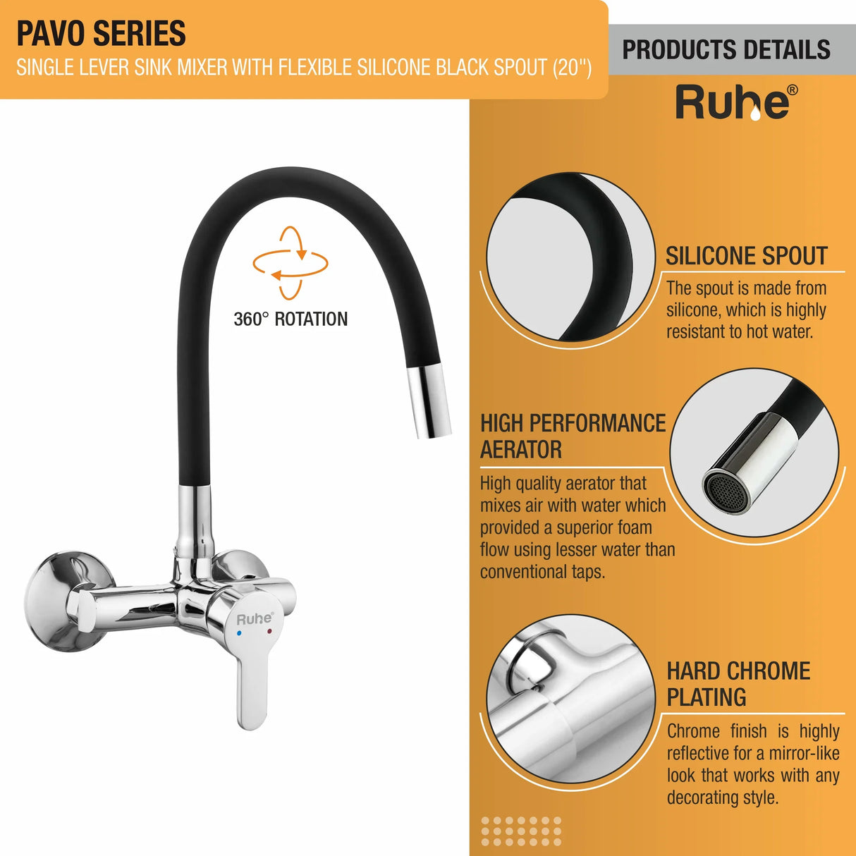 Pavo Single Lever Wall-mount Kitchen Sink Mixer Tap with Coloured Silicone Spout
