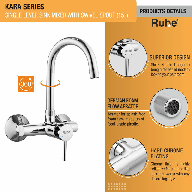 Kara Single Lever Wall-mount Kitchen Sink Mixer Tap with Swivel Spout