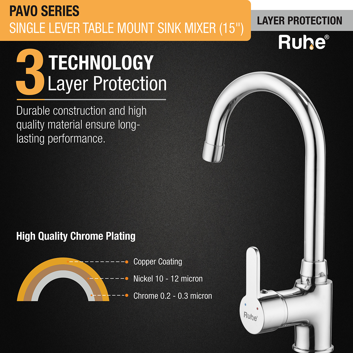 Pavo Single Lever Table-Mount Sink Mixer with Medium (15 Inches) Round Swivel Spout Brass Faucet 3 layer protection