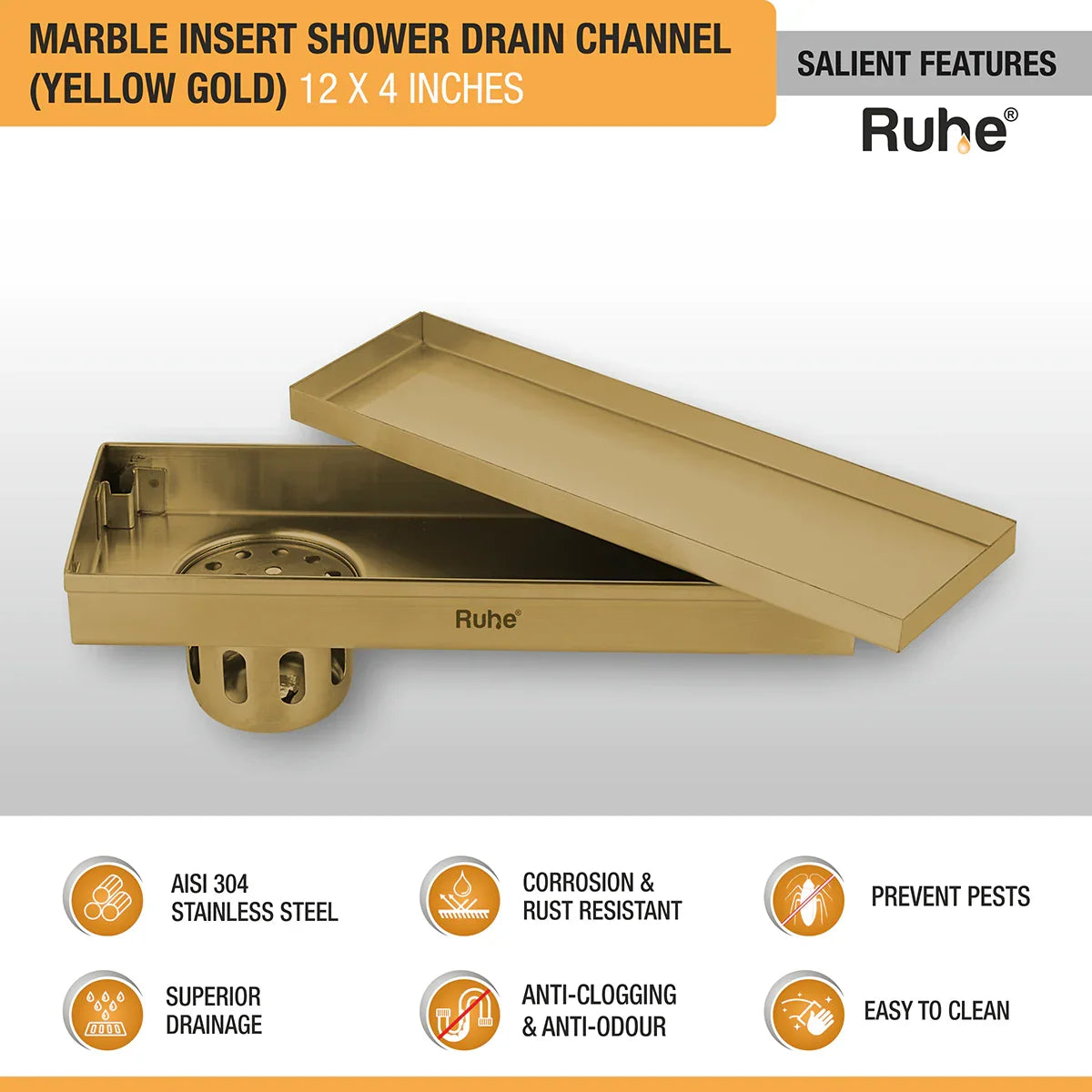 Marble-Insert Shower Drain Channel (4 Inches)