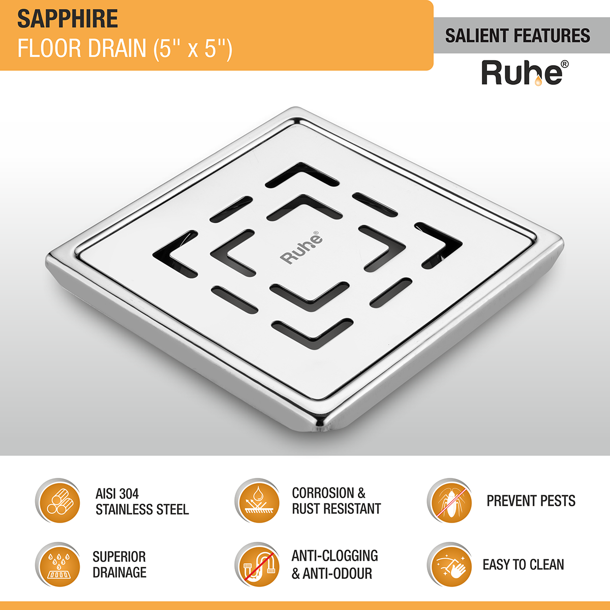 Sapphire Square 304-Grade Floor Drain (5 x 5 Inches) - by Ruhe