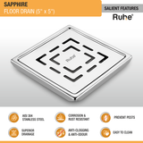 Sapphire Square 304-Grade Floor Drain (5 x 5 Inches) - by Ruhe®