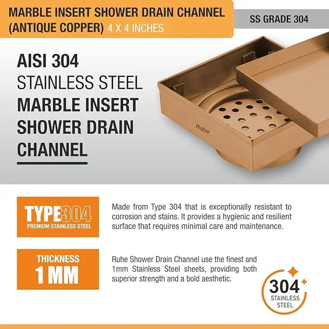 Marble Insert Shower Drain Channel (4 x 4 Inches) Antique Copper PVD Coated - by Ruhe