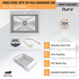 Handmade Single Bowl 304-Grade Kitchen Sink  with Tap Hole (22 x 18 x 10 Inches) - by Ruhe