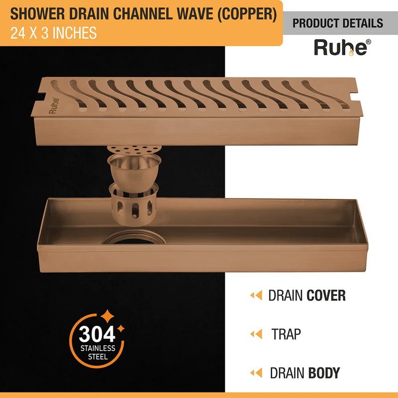 Wave Shower Drain Channel (24 x 3 Inches) Antique Copper PVD Coated - by Ruhe