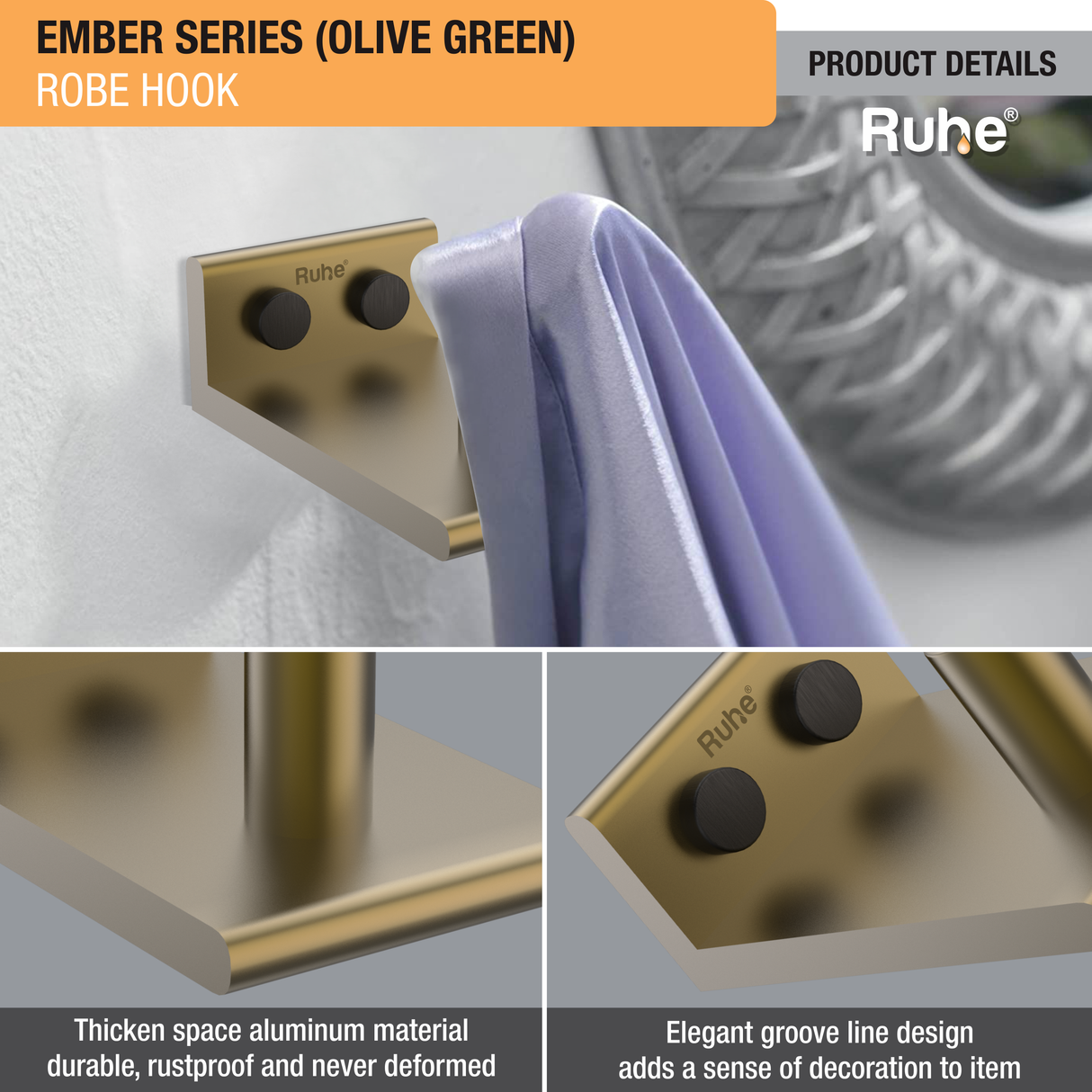 Ember Olive Green Robe Hook (Space Aluminium) - by Ruhe®