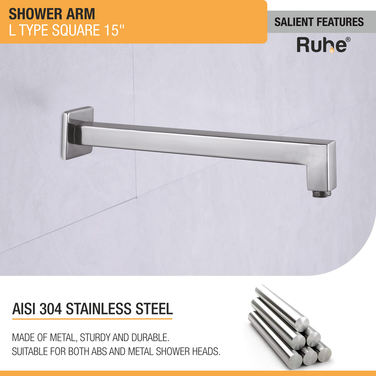 L-Type Square Shower Arm (304-Grade Stainless Steel)