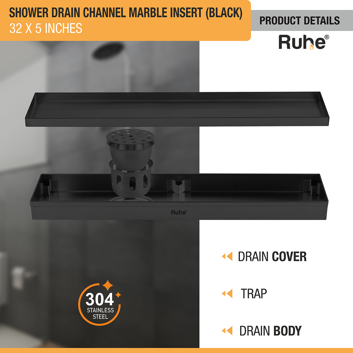 Marble Insert Shower Drain Channel (32 x 5 Inches) Black PVD Coated - by Ruhe®