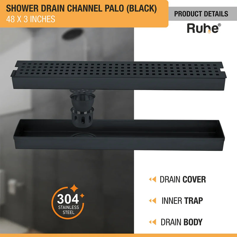Palo Shower Drain Channel (48 x 3 Inches) Black PVD Coated - by Ruhe