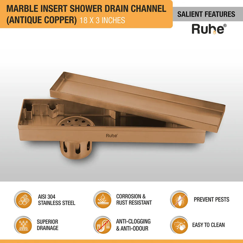 Marble Insert Shower Drain Channel (18 x 3 Inches) Antique Copper PVD Coated - by Ruhe