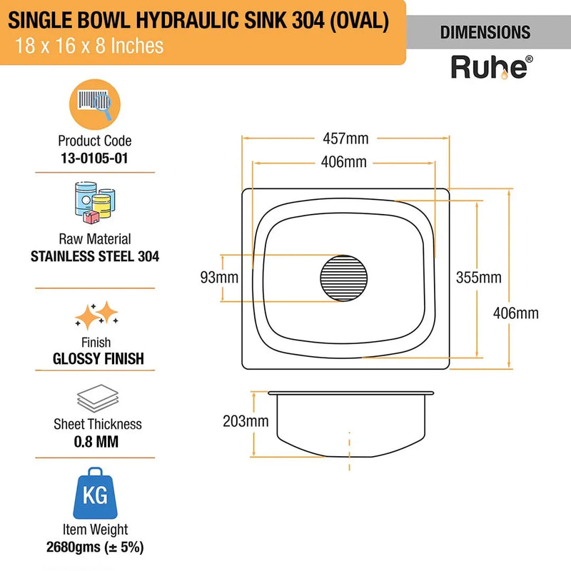 Oval Single Bowl Kitchen Sink 304 Grade (18 x 16 x 8 Inches)