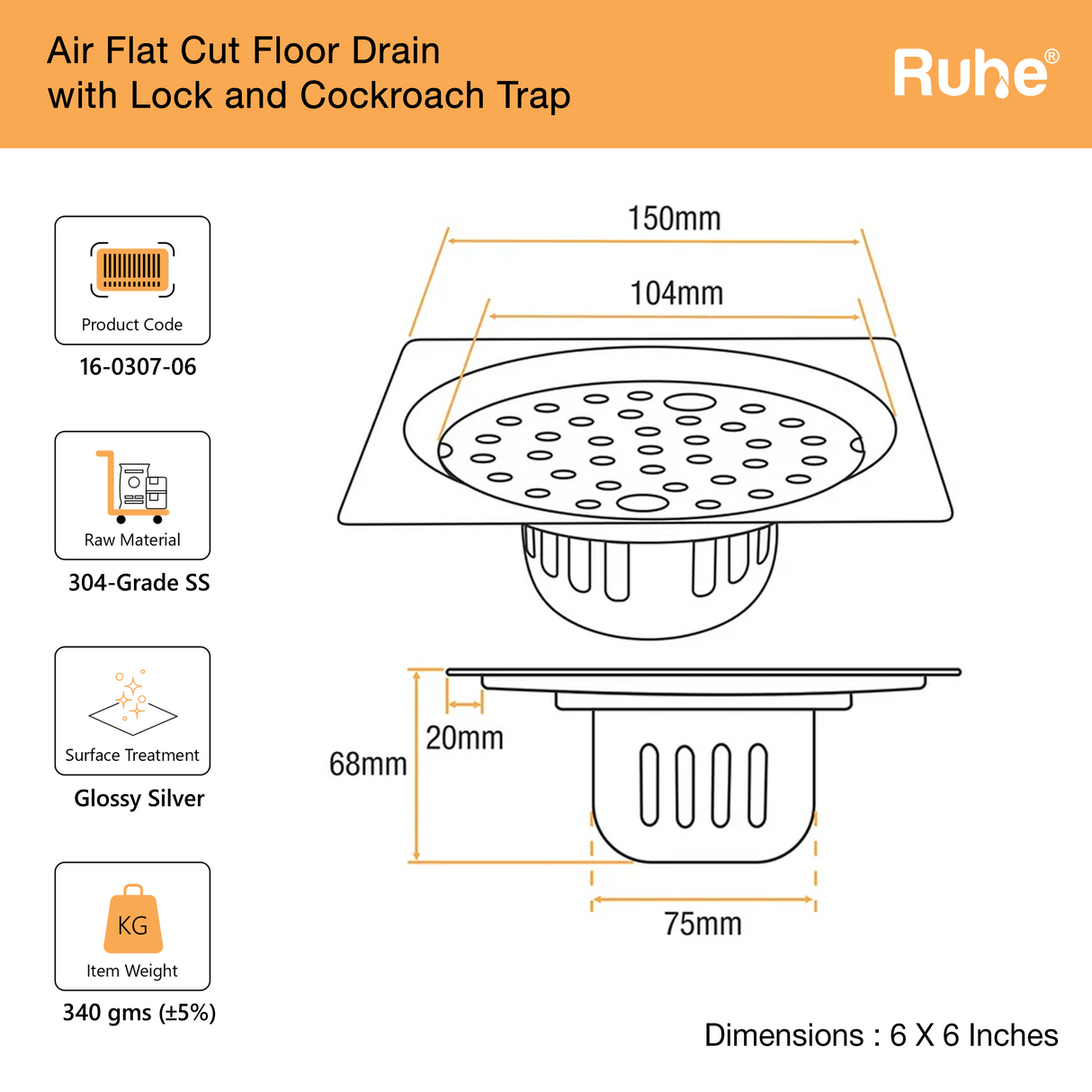 Air Flat Cut Floor Drain with Lock & Cockroach Trap