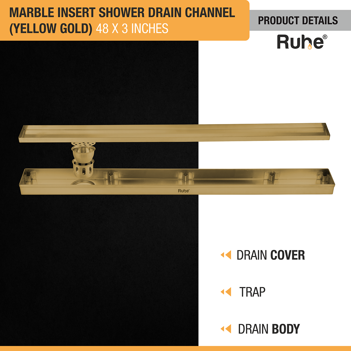 Marble Insert Shower Drain Channel (48 x 3 Inches) YELLOW GOLD PVD Coated - by Ruhe®