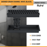 Wave Shower Drain Channel (24 x 5 Inches) Black PVD Coated with drain cover, inner insect trap, drain body