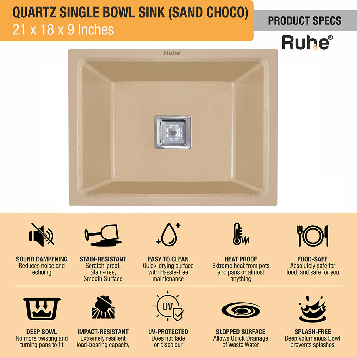 Quartz Single Bowl Kitchen Sink - Sand Choco (21 x 18 x 9 inches) - by Ruhe®