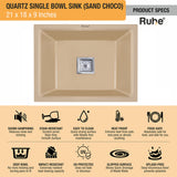 Quartz Single Bowl Kitchen Sink - Sand Choco (21 x 18 x 9 inches) - by Ruhe®