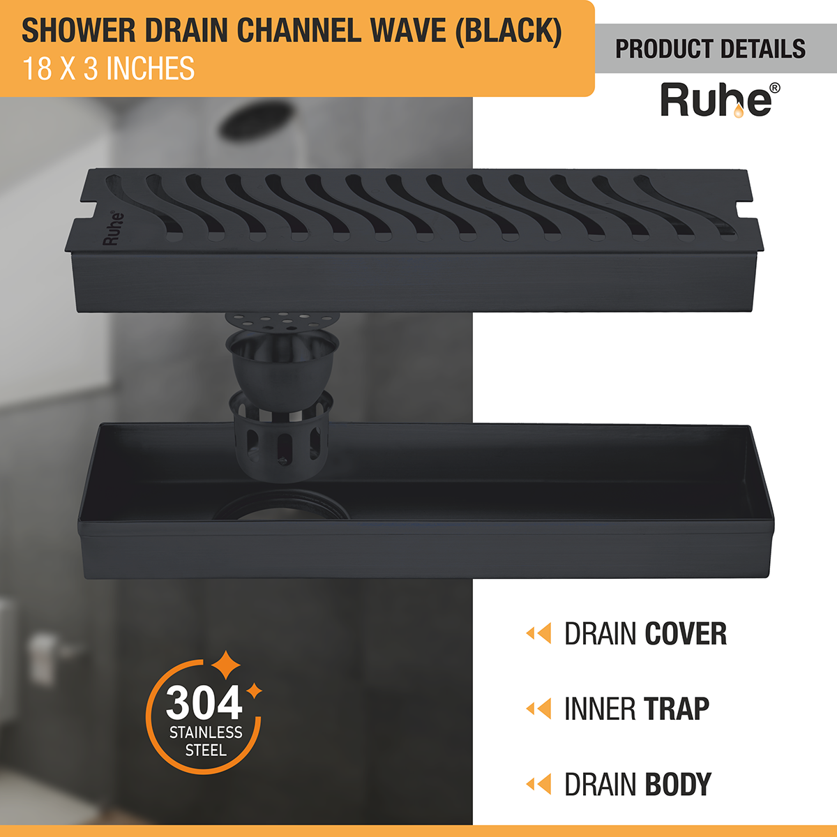 Wave Shower Drain Channel (18 x 3 Inches) Black PVD Coated with drain cover, inner insect trap, drain body