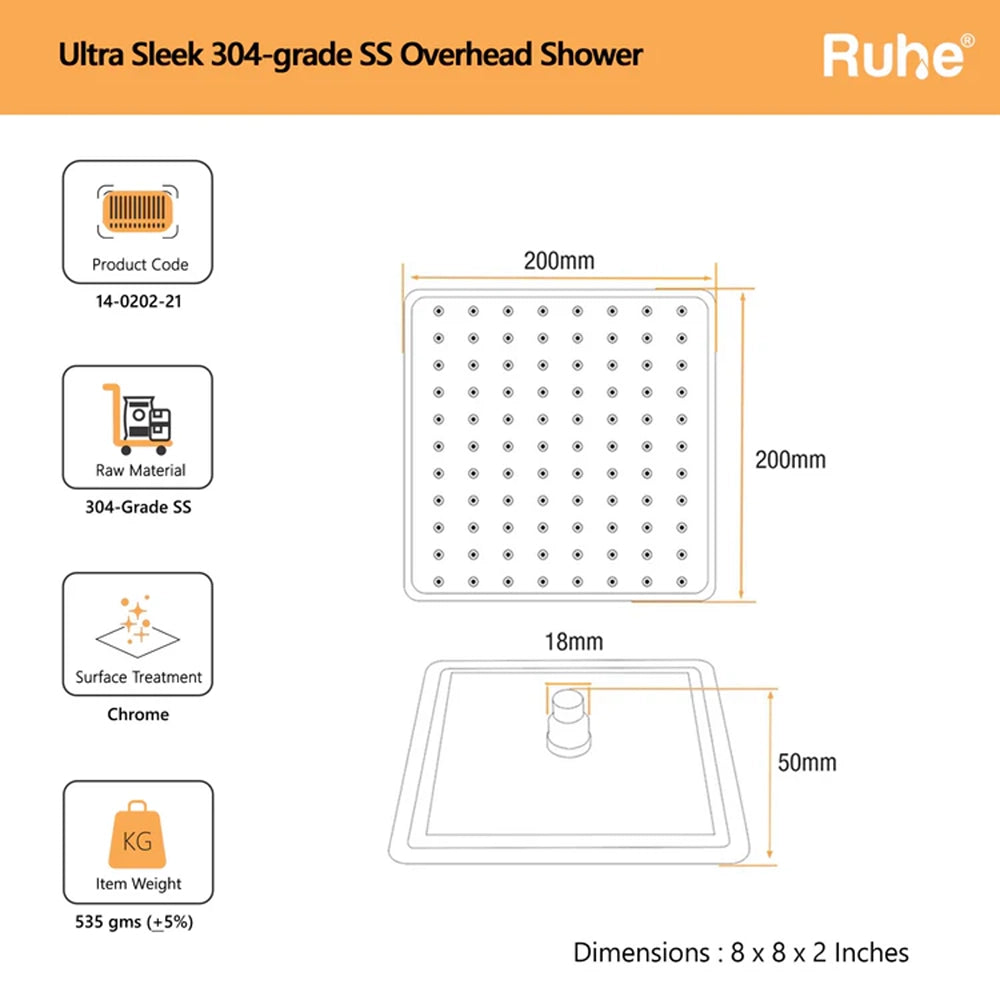 Ultra Sleek 304-Grade SS Overhead Shower