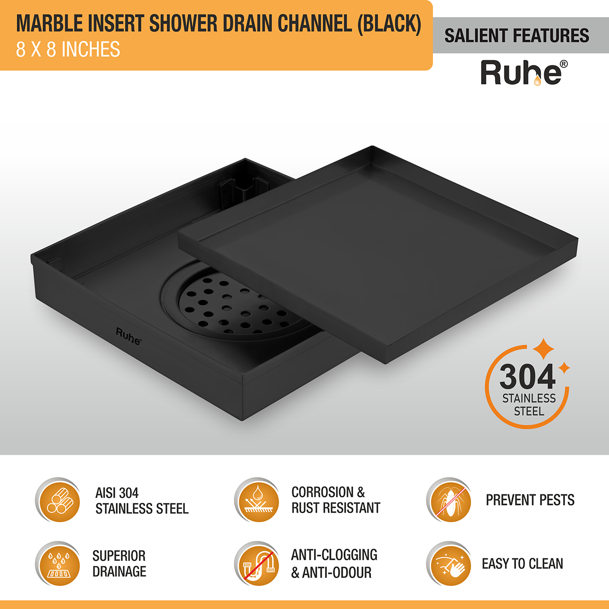 Marble Insert Shower Drain Channel (8 x 8 Inches) Black PVD Coated - by Ruhe®