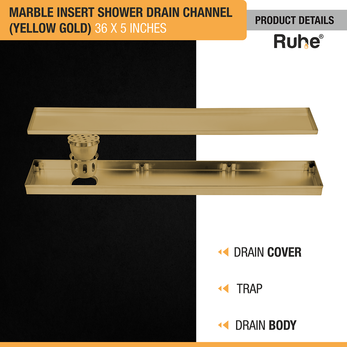 Marble Insert Shower Drain Channel (36 x 5 Inches) YELLOW GOLD PVD Coated drain cover, trap, and drain body