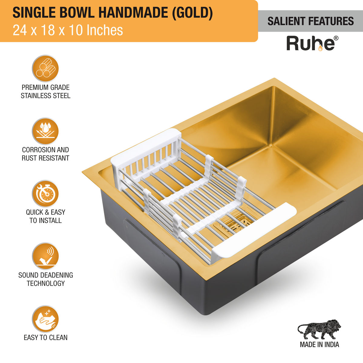 Yellow Gold Handmade Single Bowl Premium Stainless Steel Kitchen Sink ( 24 x 18 x 10 Inches) - by Ruhe®