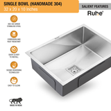 Handmade Single Bowl 304-Grade Kitchen Sink (32 x 20 x 10 Inches) features and benefits