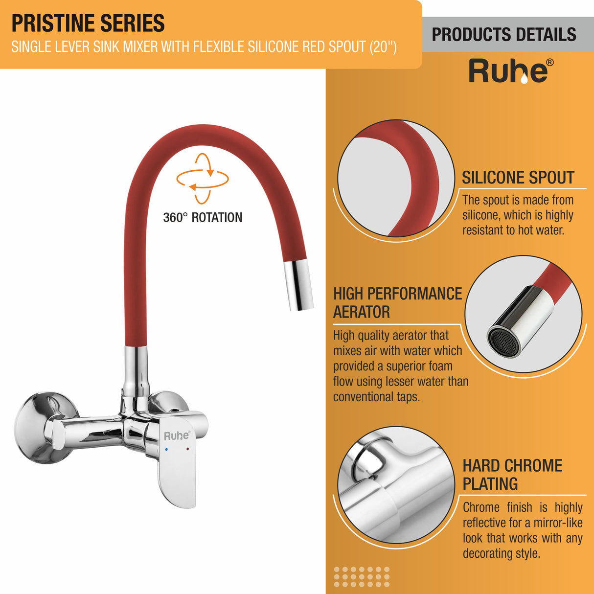 Pristine Single Lever Wall-mount Sink Mixer Brass Faucet with Red Silicone Spout - by Ruhe®