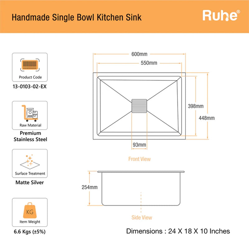 Handmade Single Bowl Kitchen Sink (24 x 18 x 10 Inches)