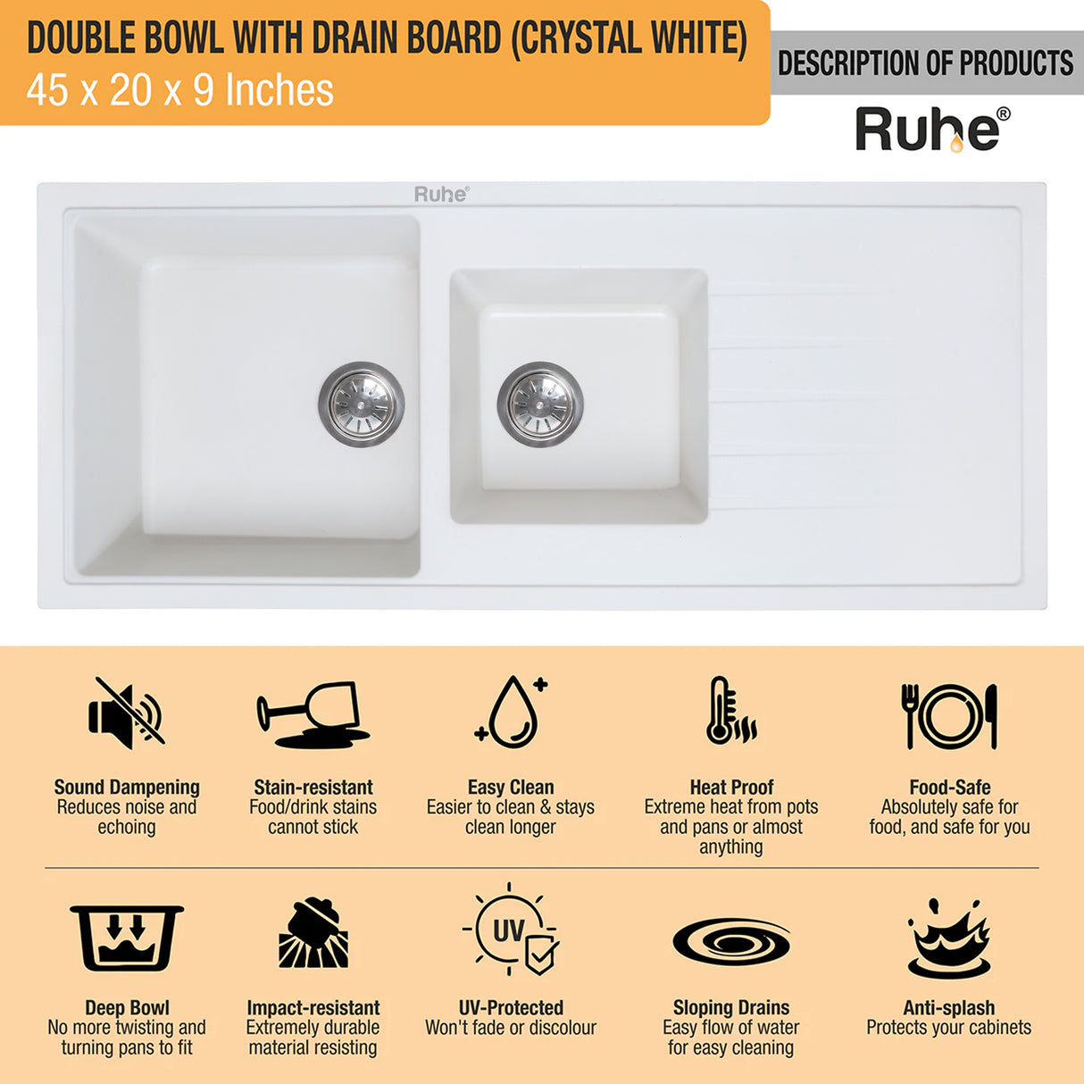 Quartz Double Bowl with Drainboard Kitchen Sink - Crystal White (45 x 20 x 9 inches) - by Ruhe®