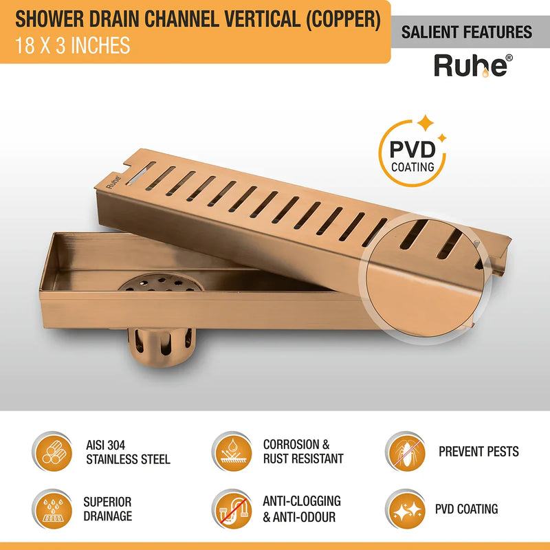 Vertical Shower Drain Channel (18 x 3 Inches) Antique Copper PVD Coated - by Ruhe