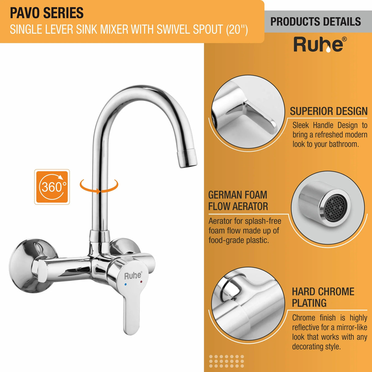 Pavo Single Lever Wall-mount Kitchen Sink Mixer Tap with Swivel Spout