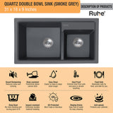 Quartz Double Bowl Kitchen Sink - Smoke Grey (31 x 18 x 9 inches) - by Ruhe®