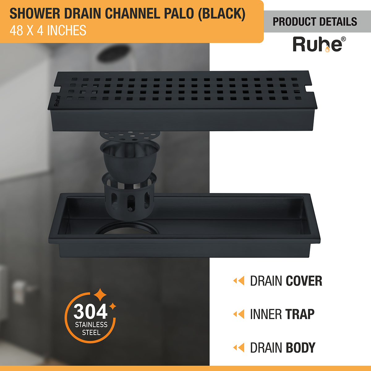 Palo Shower Drain Channel (48 x 4 Inches) Black PVD Coated - by Ruhe®