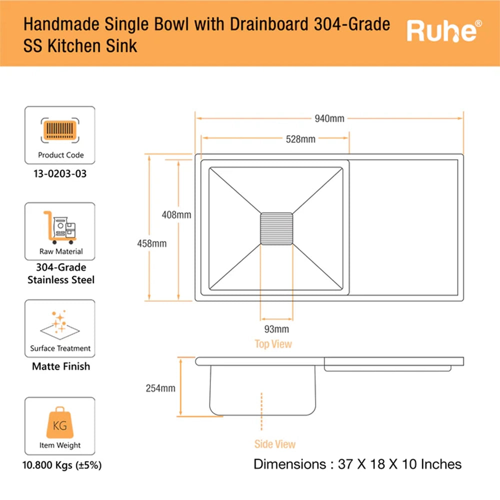 Handmade Stainless Steel Single Bowl Kitchen Sink with Drainboard (37 x 18 x 10 Inches) – Matt Steel