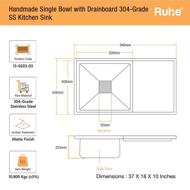 Handmade Single Bowl with Drainboard Kitchen Sink (37 x 18 x 10 Inches)