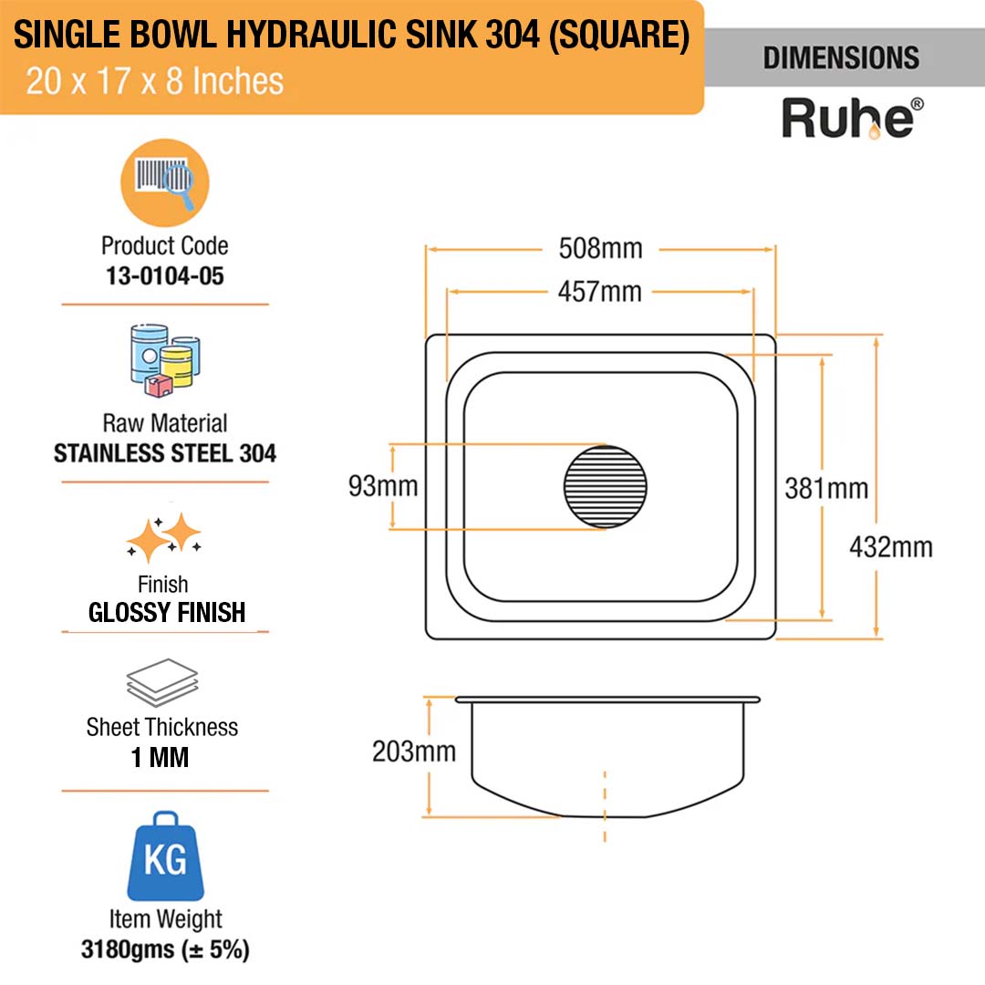 Square Single Bowl 304-Grade Kitchen Sink (20 x 17 x 8 inches)– by Ruhe