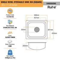 Single Bowl Kitchen Sink (20 x 17 x 8 Inches)(Dimension)