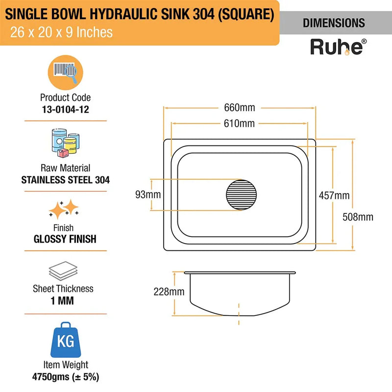 Single Bowl Kitchen Sink (26 x 20 x 9 Inches)