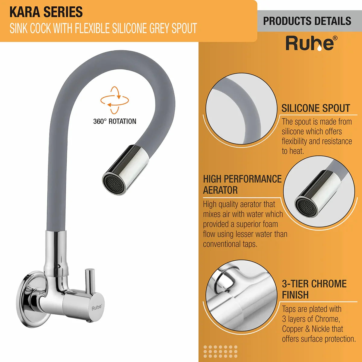 Kara Wall Mount Kitchen Sink Tap with Coloured Flexible Silicone Spout