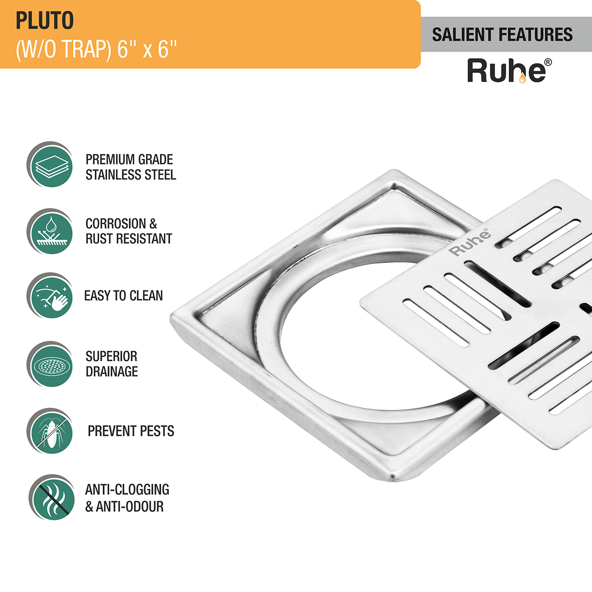 Pluto Square Premium Floor Drain (6 x 6 Inches) - by Ruhe®