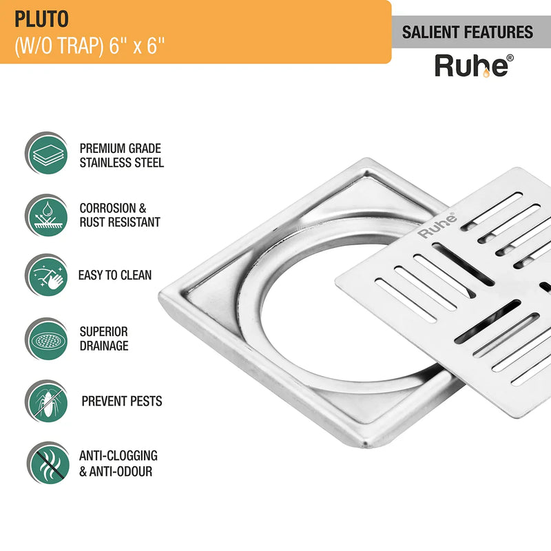 Pluto Square Premium Floor Drain (6 x 6 Inches) - by Ruhe