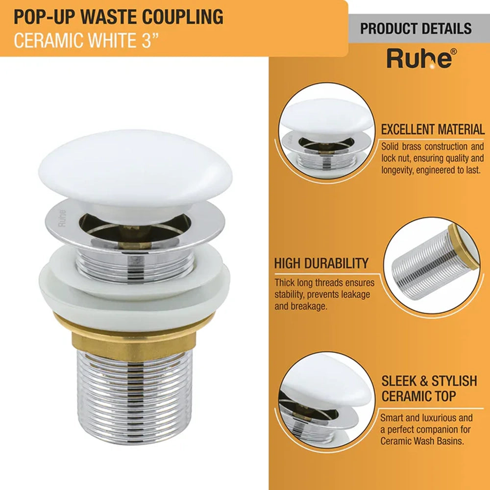 Brass Ceramic Pop-up Waste Coupling for Wash Basin (3 Inches) – White