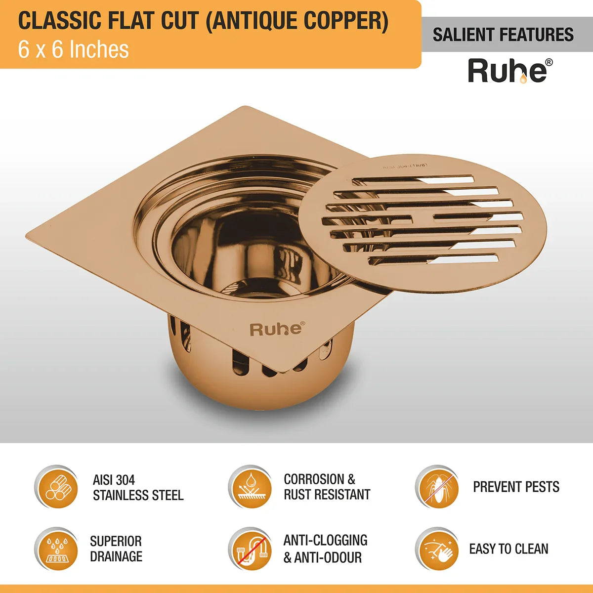 Classic Square Flat Cut Floor Drain in Antique Copper PVD Coating (6 x 6 Inches) - by Ruhe