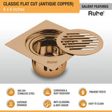 Classic Square Flat Cut Floor Drain in Antique Copper PVD Coating (6 x 6 Inches) features and benefits